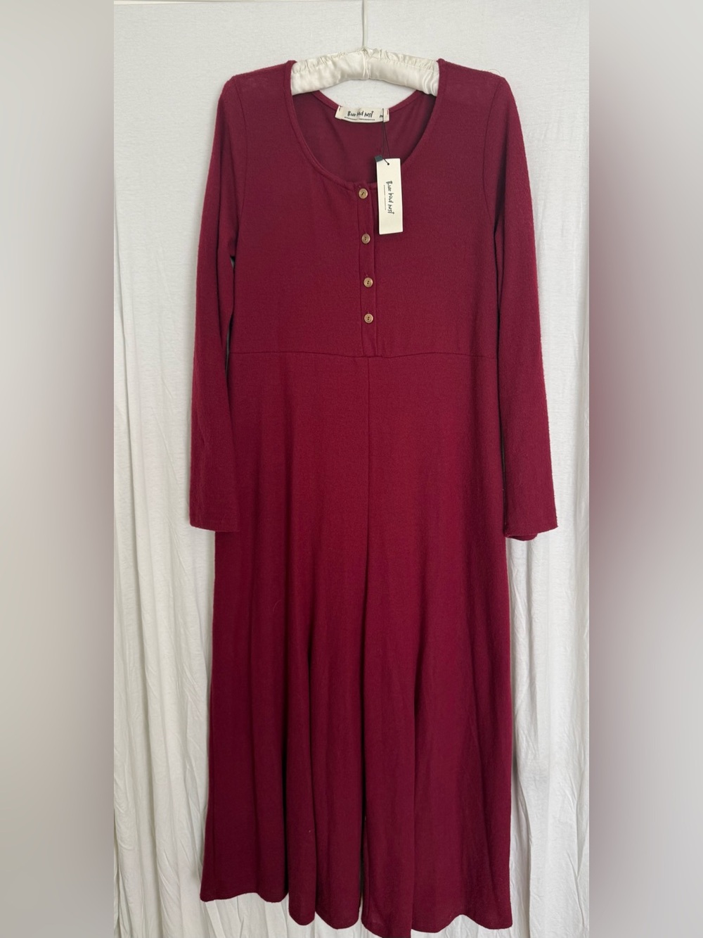 Three Bird Nest Long Sleeve Burgundy Button-Front Maxi Dress